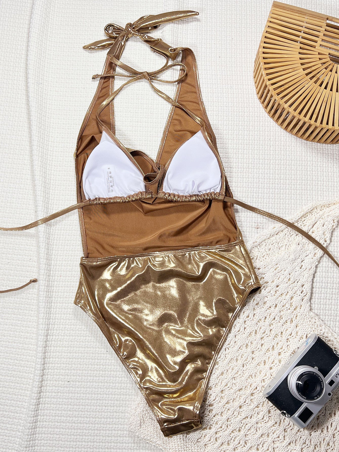 Luxury Golden Metallic Cowl Neck Halter One Piece Swimsuit