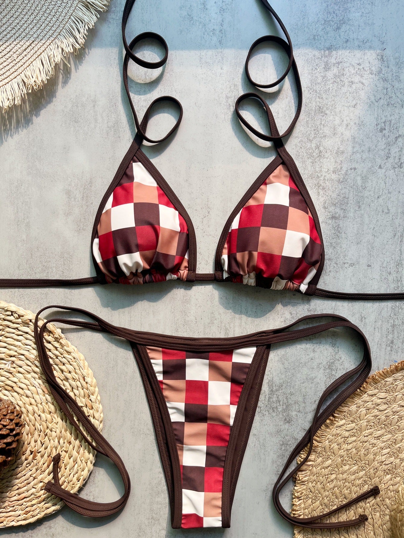 Brown Burgundy Gingham Plaid Triangle Bikini J Two Piece Swimsuit Set