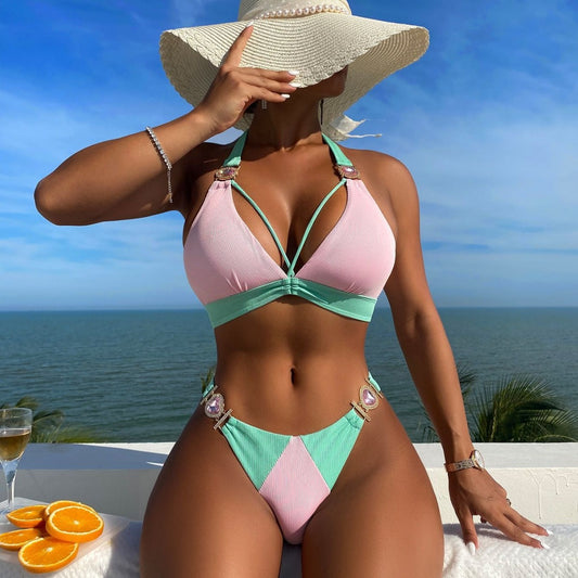 Color Match Lace-Up Stripe High Waist Bikini Split Set