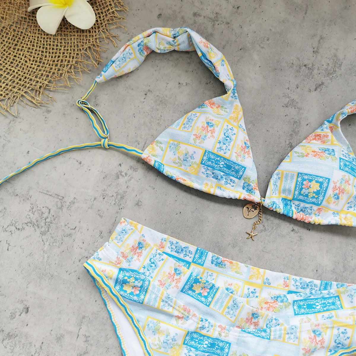 Vintage Floral High Waist Boho Triangle Patchwork Bikini Swimsuit Set