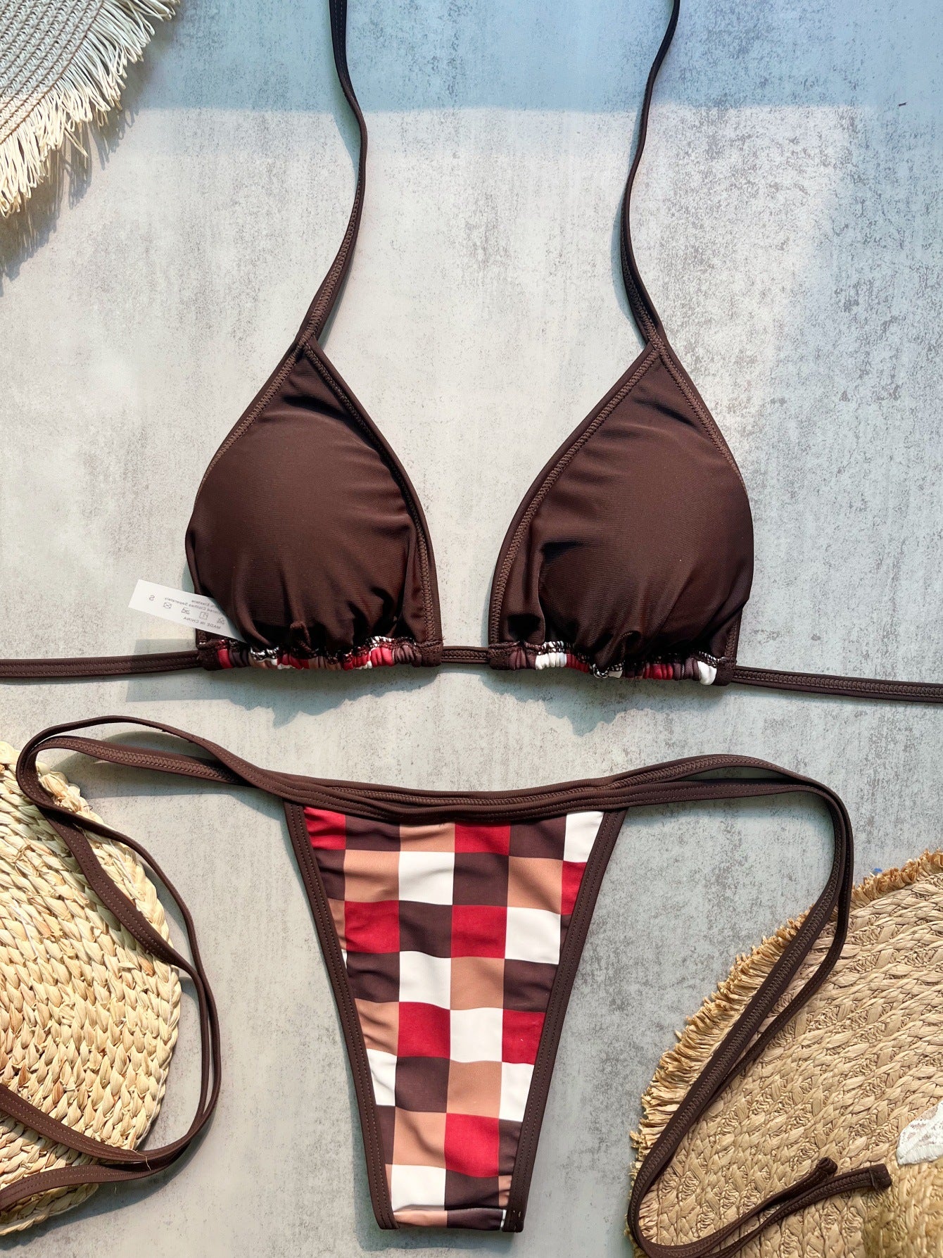 Brown Burgundy Gingham Plaid Triangle Bikini J Two Piece Swimsuit Set