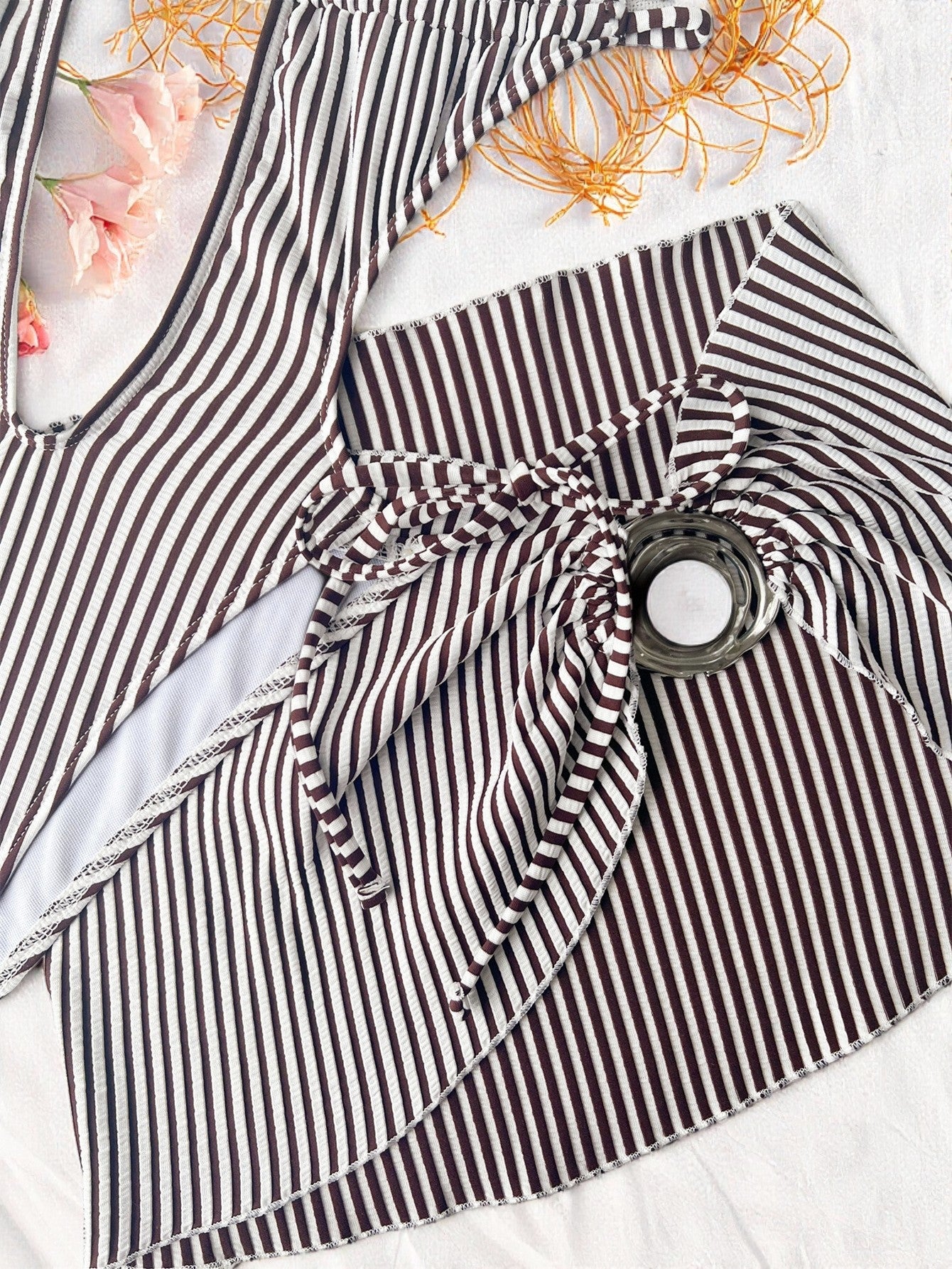 Black and White Striped Buckle Monokini With Matching Sarong Set