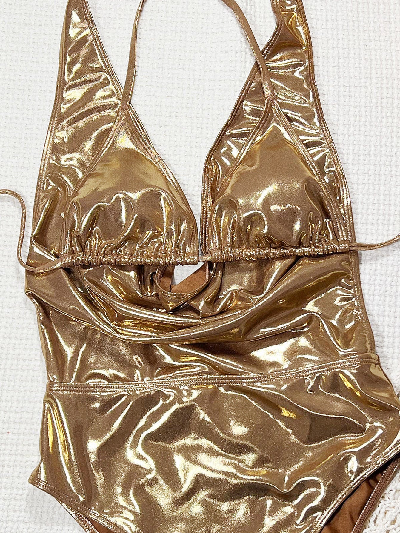 Luxury Golden Metallic Cowl Neck Halter One Piece Swimsuit