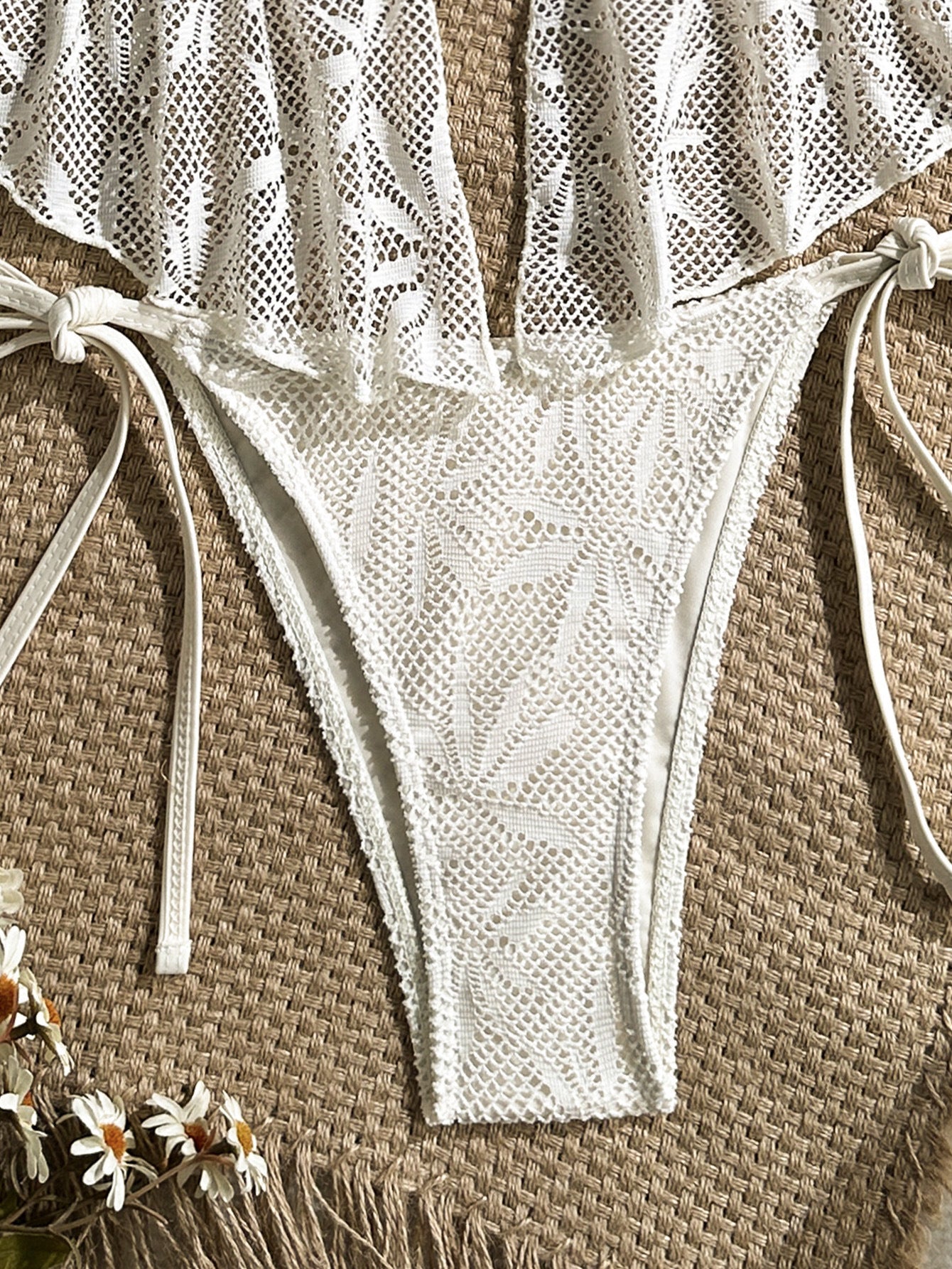 White Boho Crochet Halter Cutout Lace Up Bikini Two Piece Swimsuit