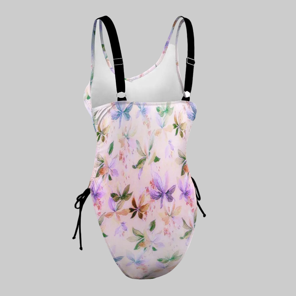 Light Gray Pretty Floral Side Tie One Piece Bikini J Swimsuit