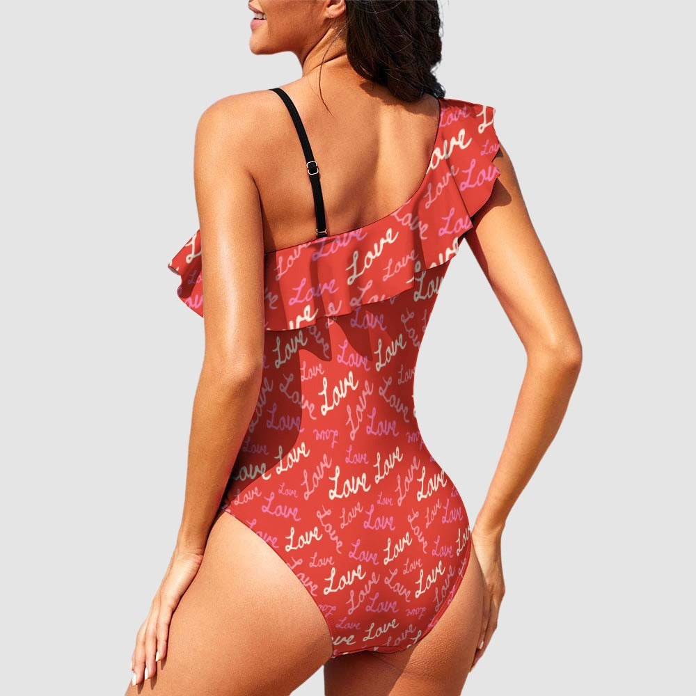 Red Love Ruffled One-Shoulder One-Piece