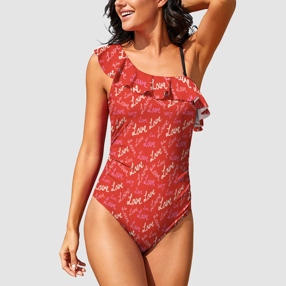 Red Love Ruffled One-Shoulder One-Piece