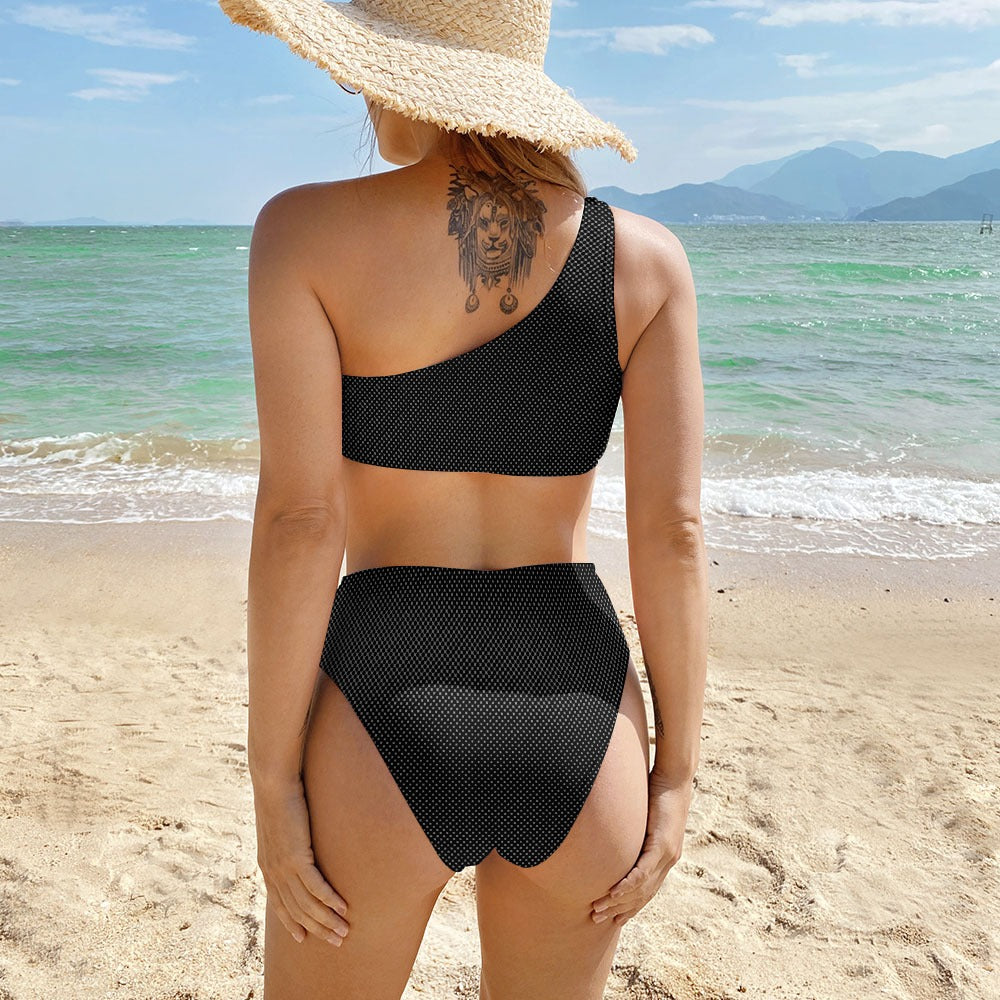 Womens One Shoulder High Waisted Black Textured Bikini Set Beachwear