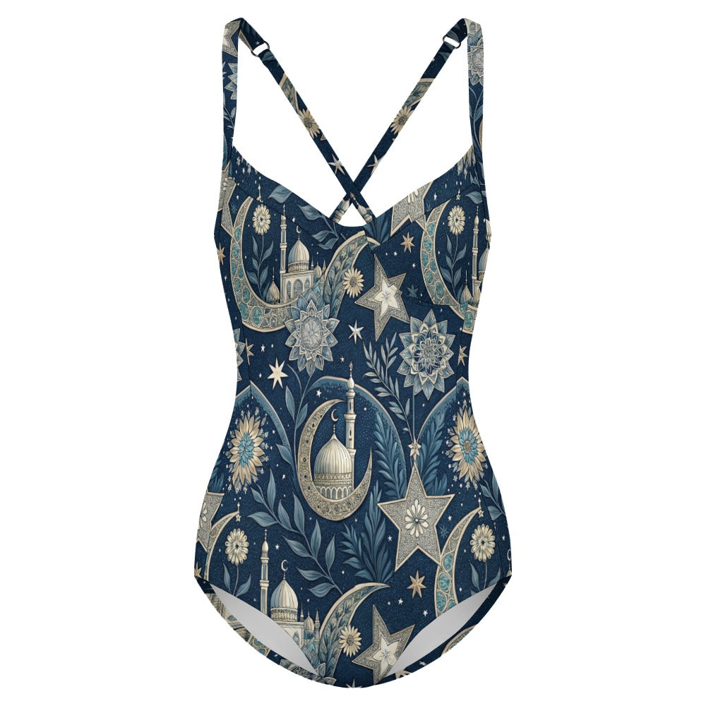 Navy Celestial Moon and Star Floral Print One Piece Swimsuit
