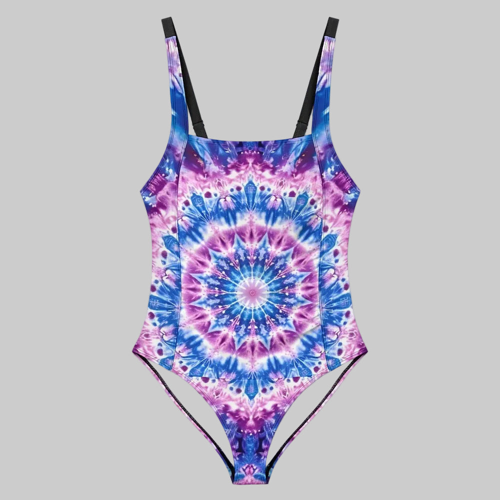 Steel Blue Kaleidoscope Tummy Control High Neck One Piece Swimsuit