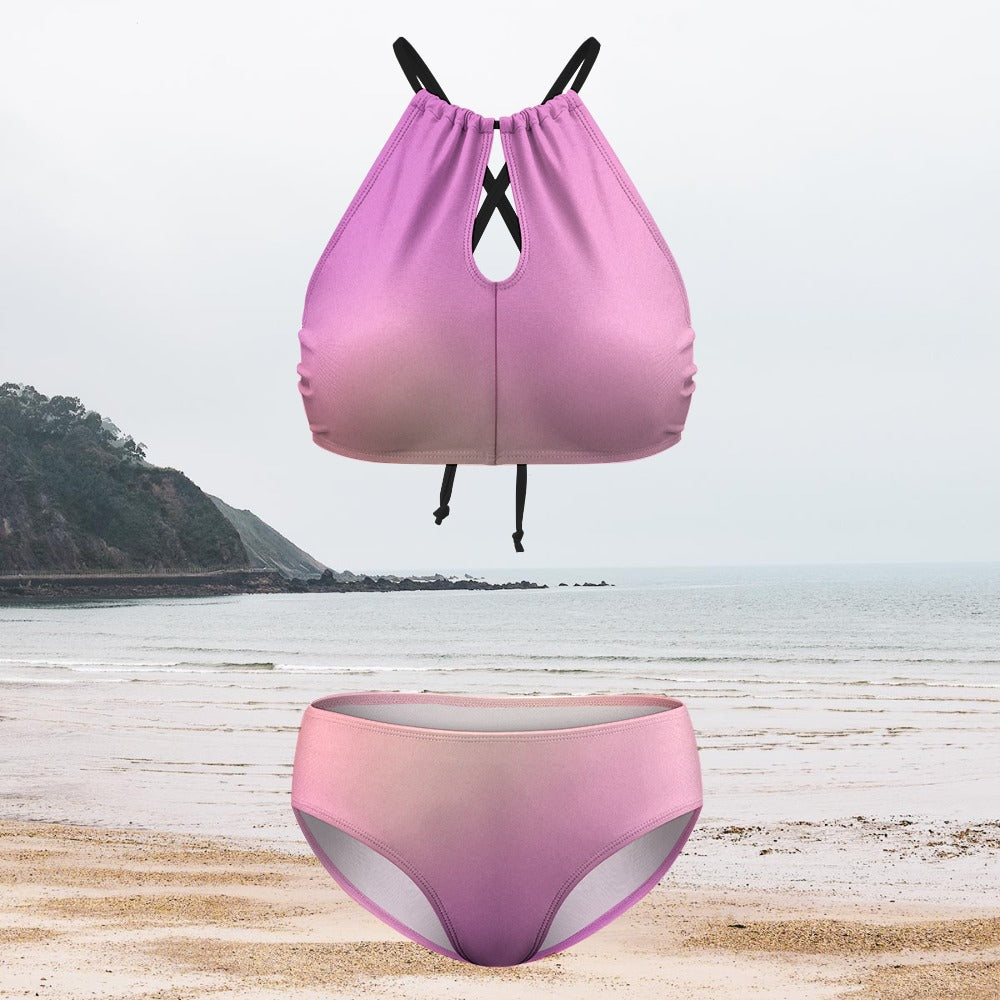 Womens Halter Keyhole Bikini Pink Ombre Two Piece Swimsuit Set