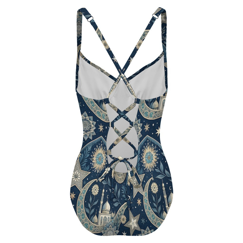 Navy Celestial Moon and Star Floral Print One Piece Swimsuit