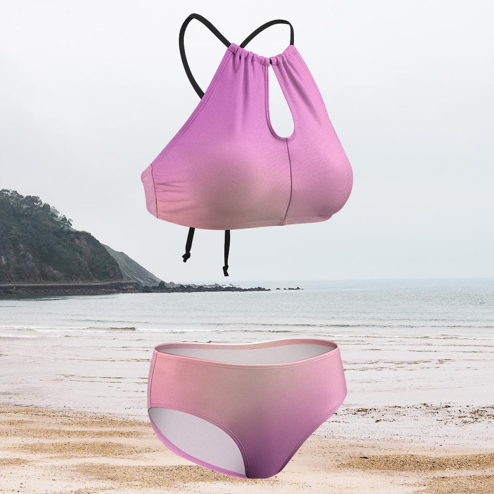 Womens Halter Keyhole Bikini Pink Ombre Two Piece Swimsuit Set