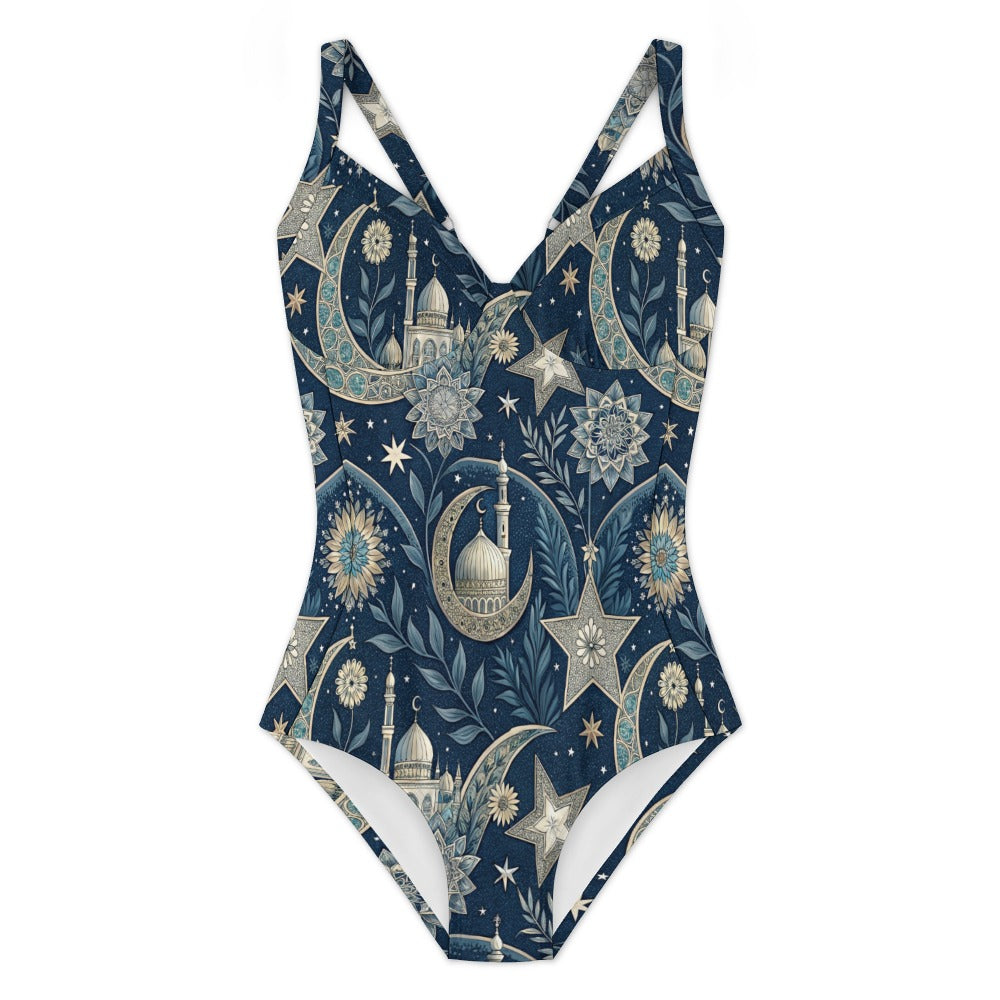Navy Celestial Moon and Star Floral Print One Piece Swimsuit